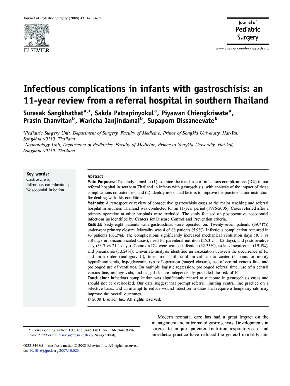 Infectious complications in infants with gastroschisis: an 11-year review from a referral hospital in southern Thailand