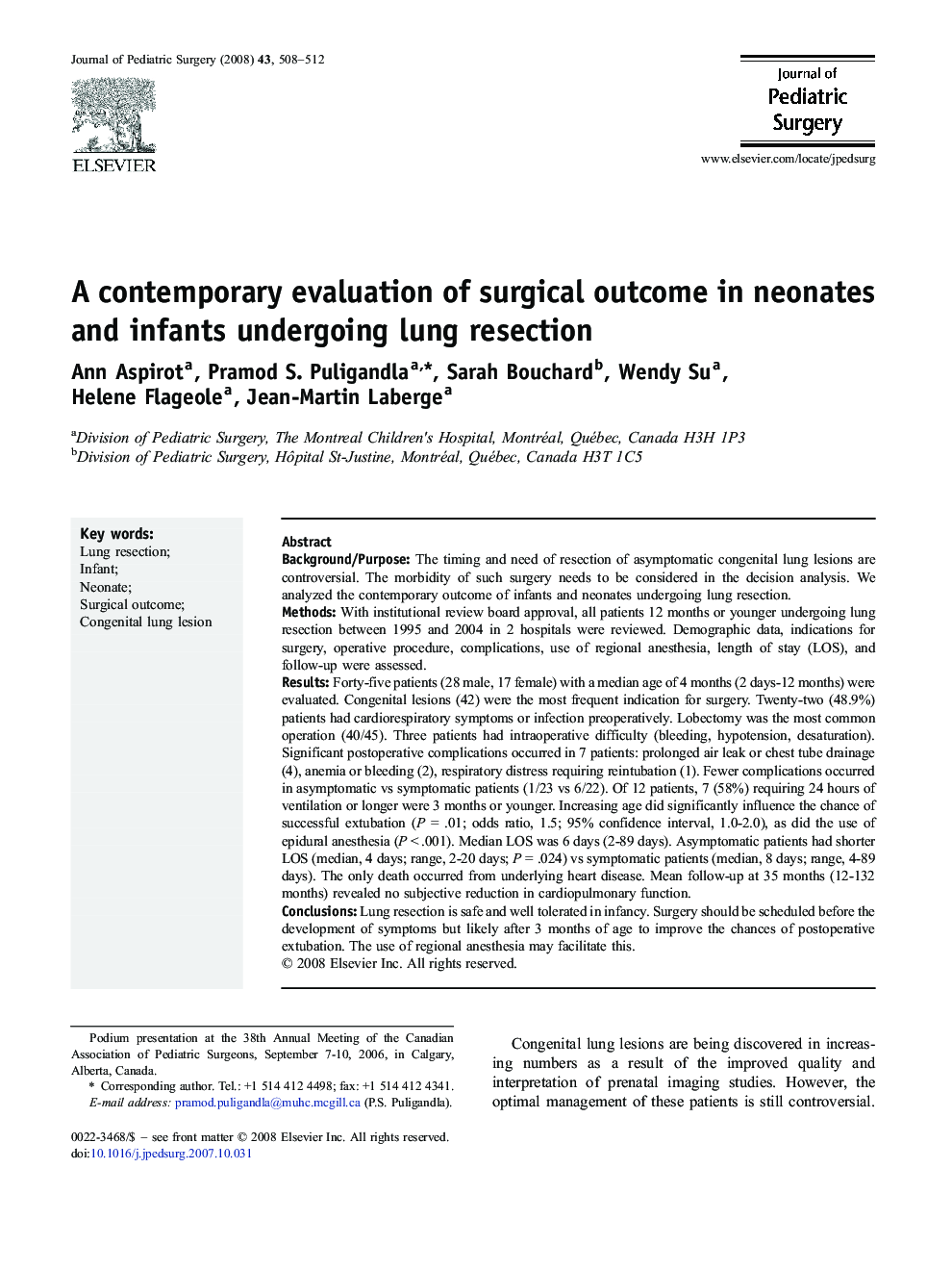 A contemporary evaluation of surgical outcome in neonates and infants undergoing lung resection 