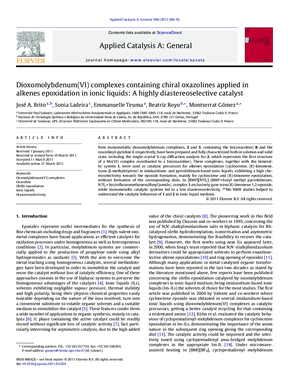 Dioxomolybdenum(VI) complexes containing chiral oxazolines applied in alkenes epoxidation in ionic liquids: A highly diastereoselective catalyst