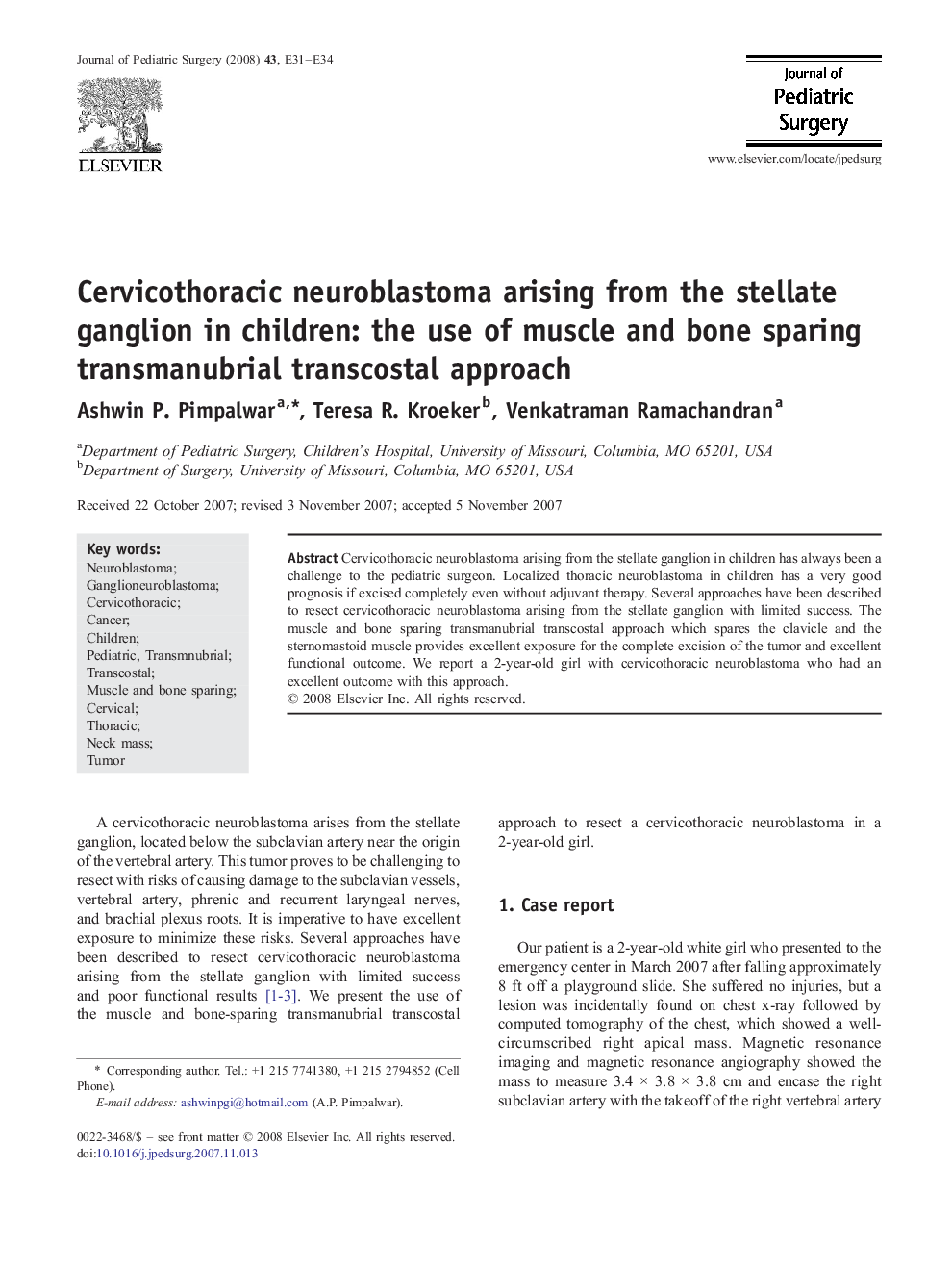 Cervicothoracic neuroblastoma arising from the stellate ganglion in children: the use of muscle and bone sparing transmanubrial transcostal approach