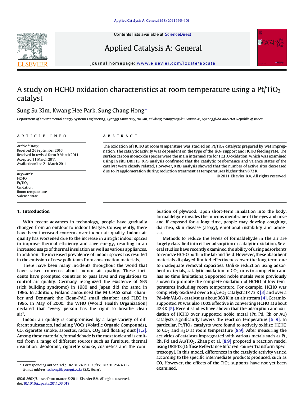 A study on HCHO oxidation characteristics at room temperature using a Pt/TiO2 catalyst