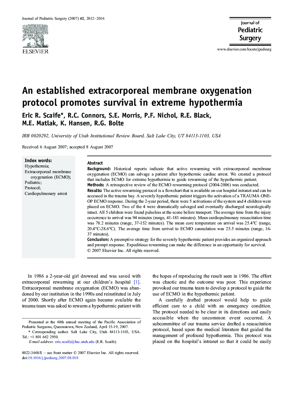 An established extracorporeal membrane oxygenation protocol promotes survival in extreme hypothermia 