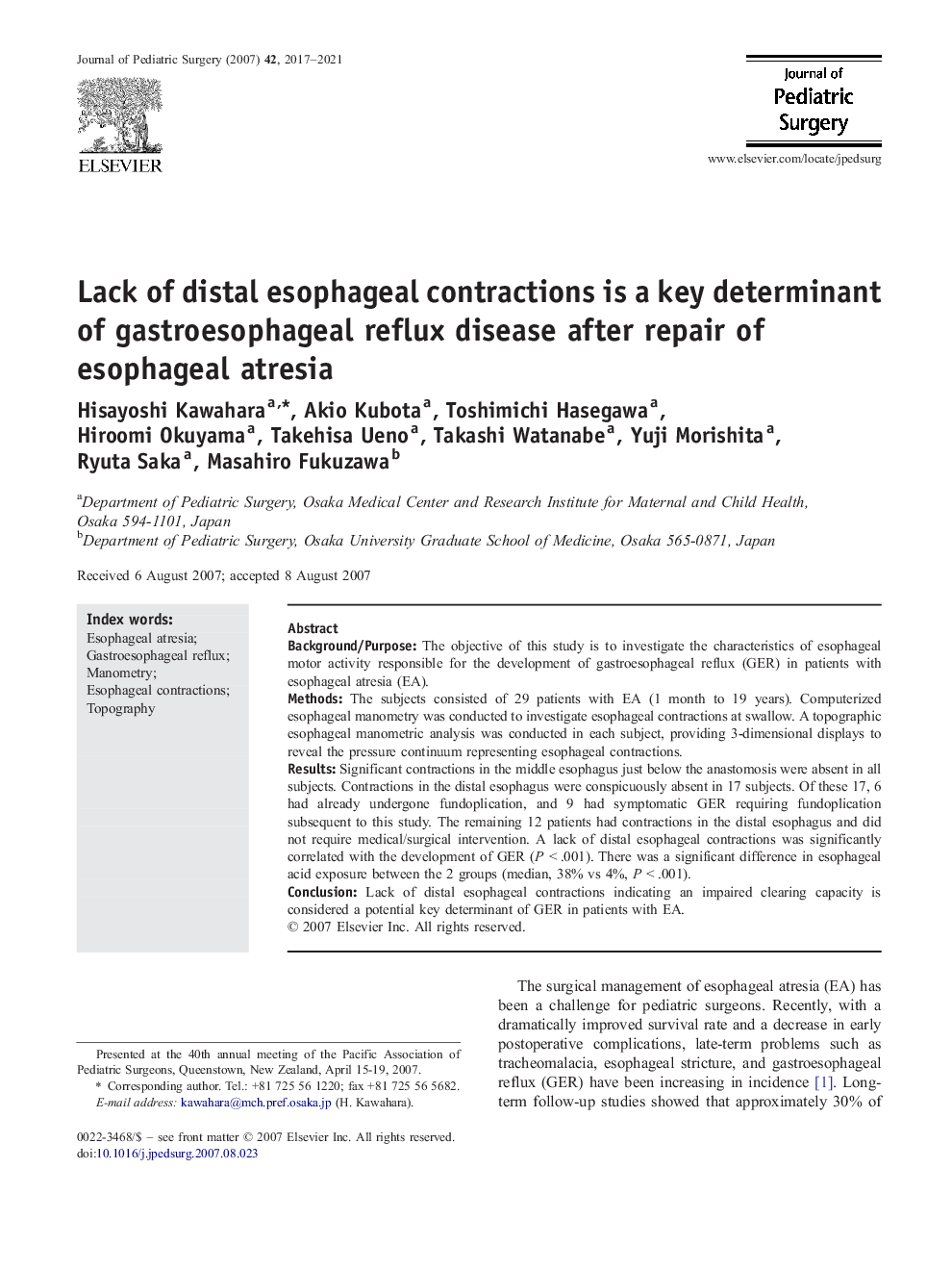 Lack of distal esophageal contractions is a key determinant of gastroesophageal reflux disease after repair of esophageal atresia 