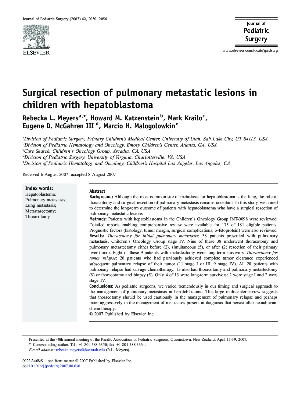 Surgical resection of pulmonary metastatic lesions in children with hepatoblastoma