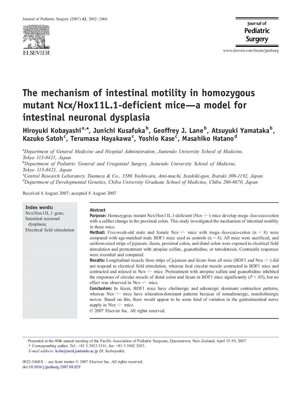 The mechanism of intestinal motility in homozygous mutant Ncx/Hox11L.1-deficient mice-a model for intestinal neuronal dysplasia