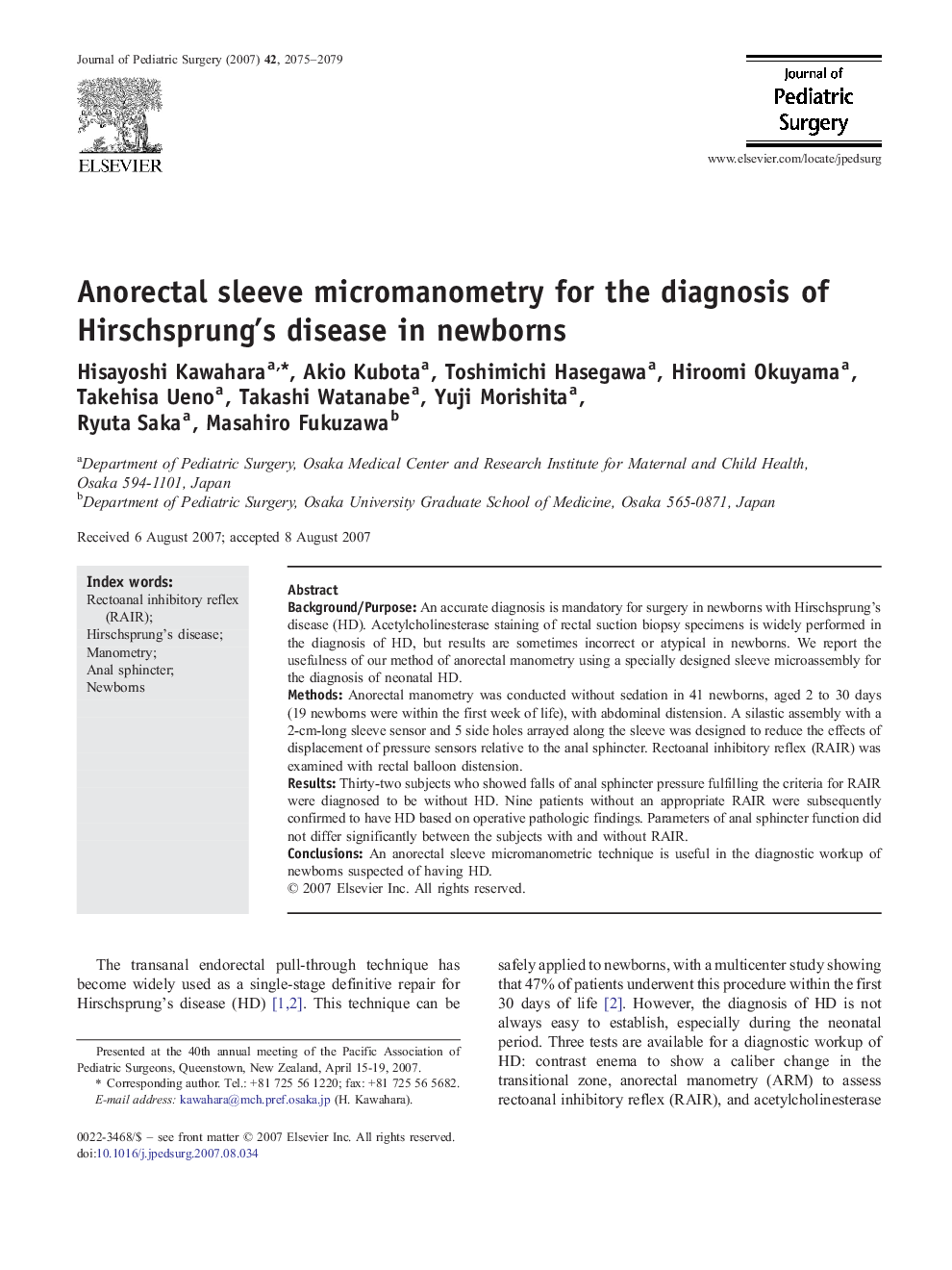 Anorectal sleeve micromanometry for the diagnosis of Hirschsprung's disease in newborns 