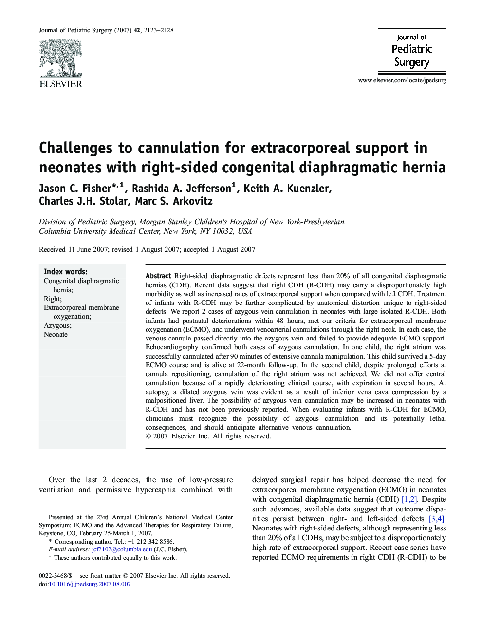 Challenges to cannulation for extracorporeal support in neonates with right-sided congenital diaphragmatic hernia