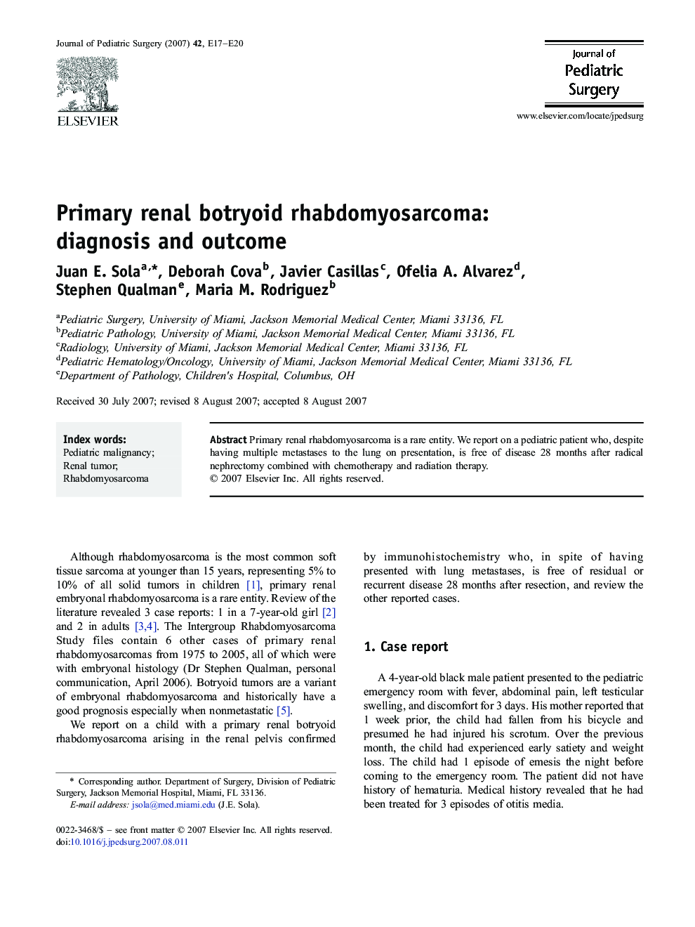 Primary renal botryoid rhabdomyosarcoma: diagnosis and outcome