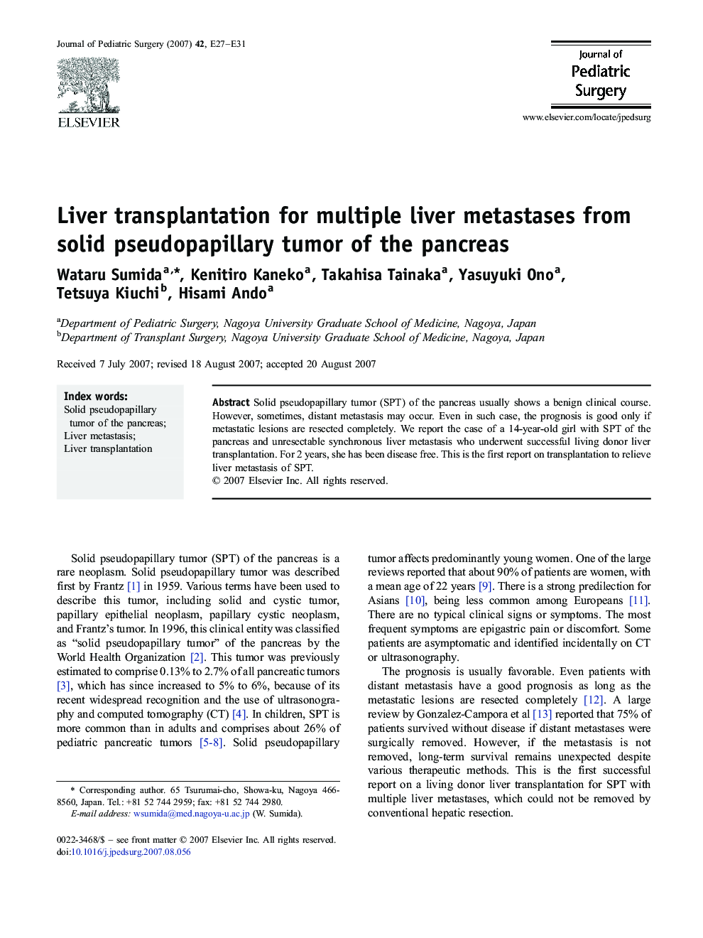 Liver transplantation for multiple liver metastases from solid pseudopapillary tumor of the pancreas
