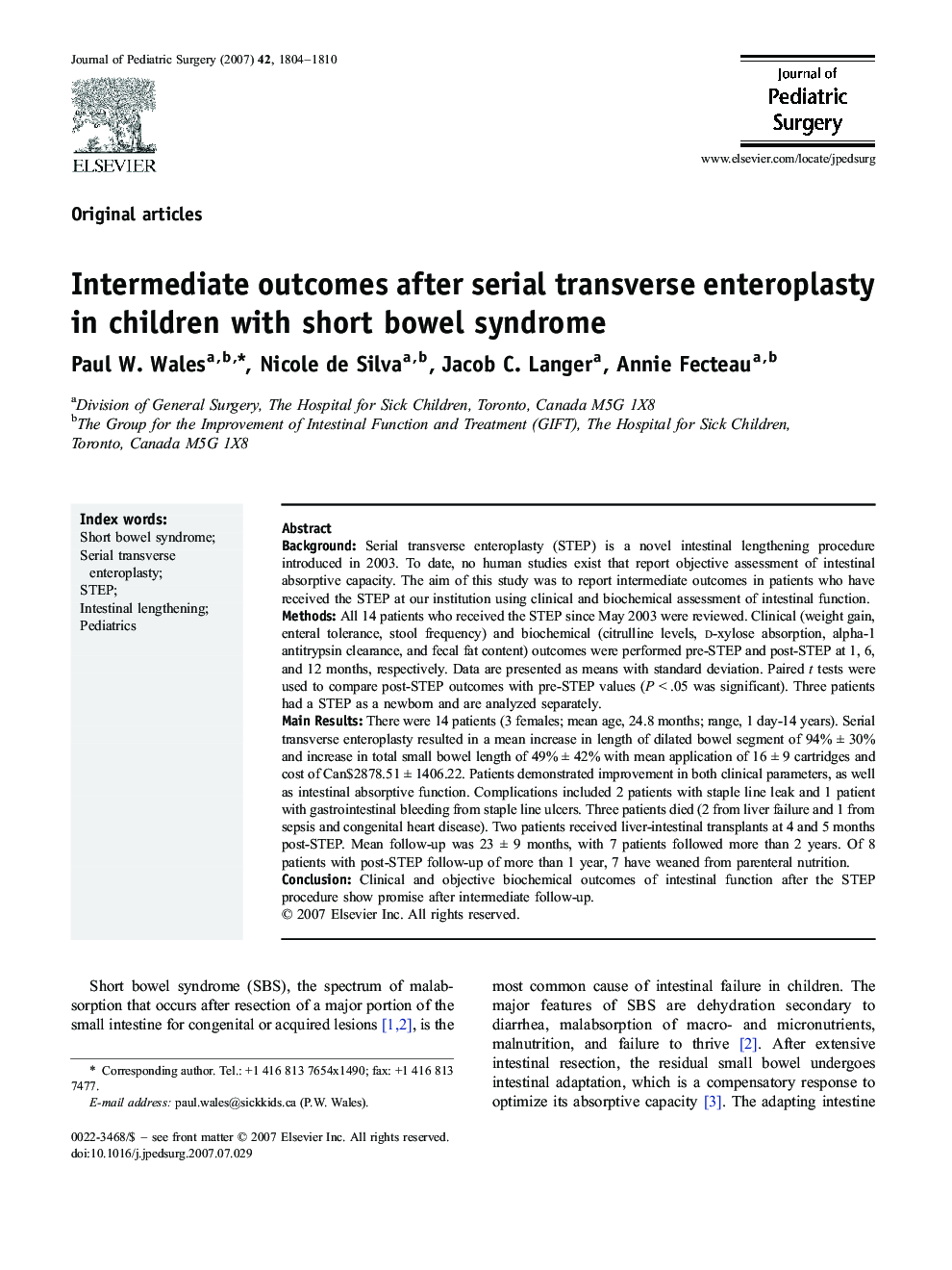 Intermediate outcomes after serial transverse enteroplasty in children with short bowel syndrome