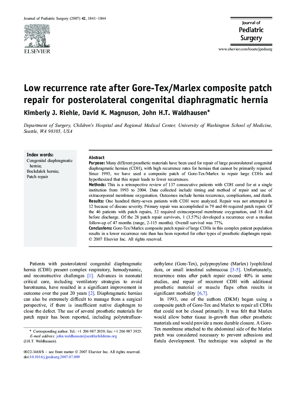 Low recurrence rate after Gore-Tex/Marlex composite patch repair for posterolateral congenital diaphragmatic hernia