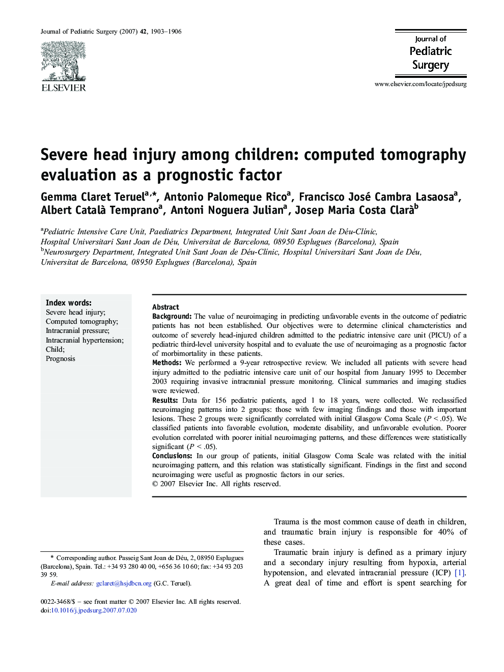 Severe head injury among children: computed tomography evaluation as a prognostic factor