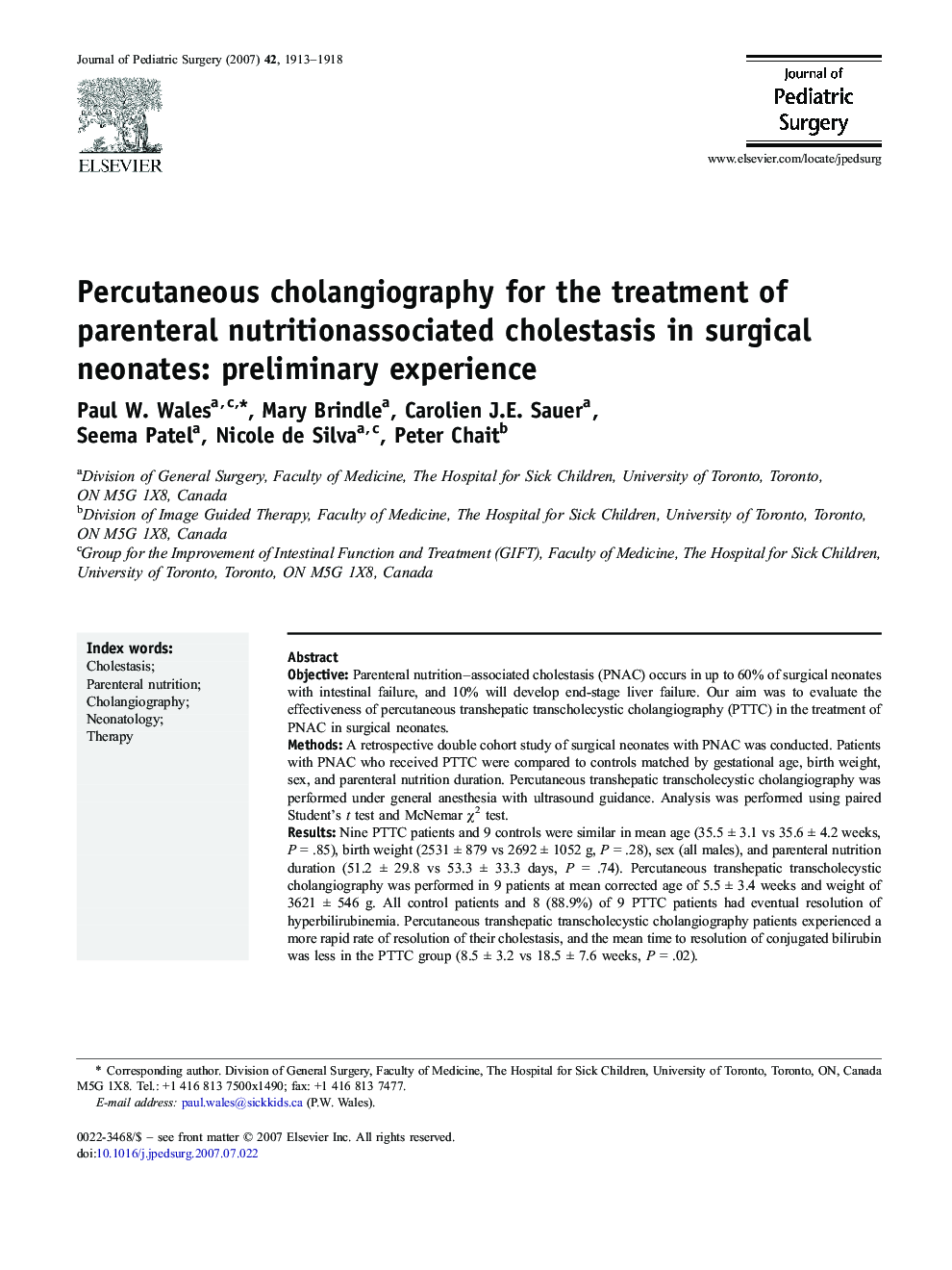 Percutaneous cholangiography for the treatment of parenteral nutrition–associated cholestasis in surgical neonates: preliminary experience