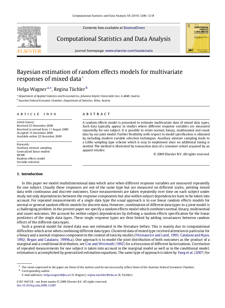 Bayesian estimation of random effects models for multivariate responses of mixed data 