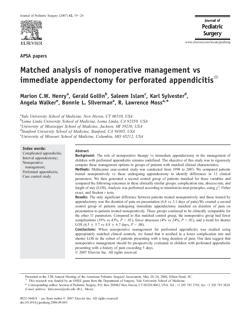 Matched analysis of nonoperative management vs immediate appendectomy for perforated appendicitis 
