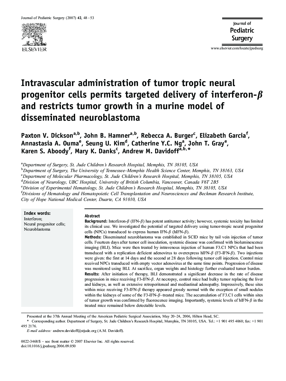 Intravascular administration of tumor tropic neural progenitor cells permits targeted delivery of interferon-β and restricts tumor growth in a murine model of disseminated neuroblastoma 