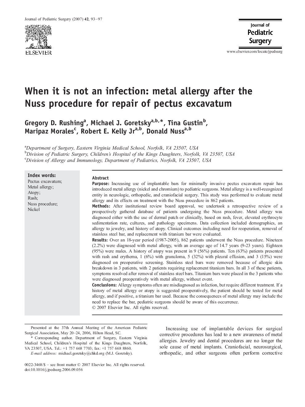 When it is not an infection: metal allergy after the Nuss procedure for repair of pectus excavatum 