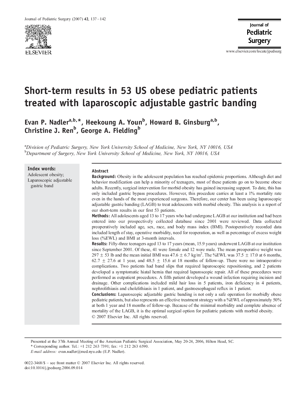 Short-term results in 53 US obese pediatric patients treated with laparoscopic adjustable gastric banding 