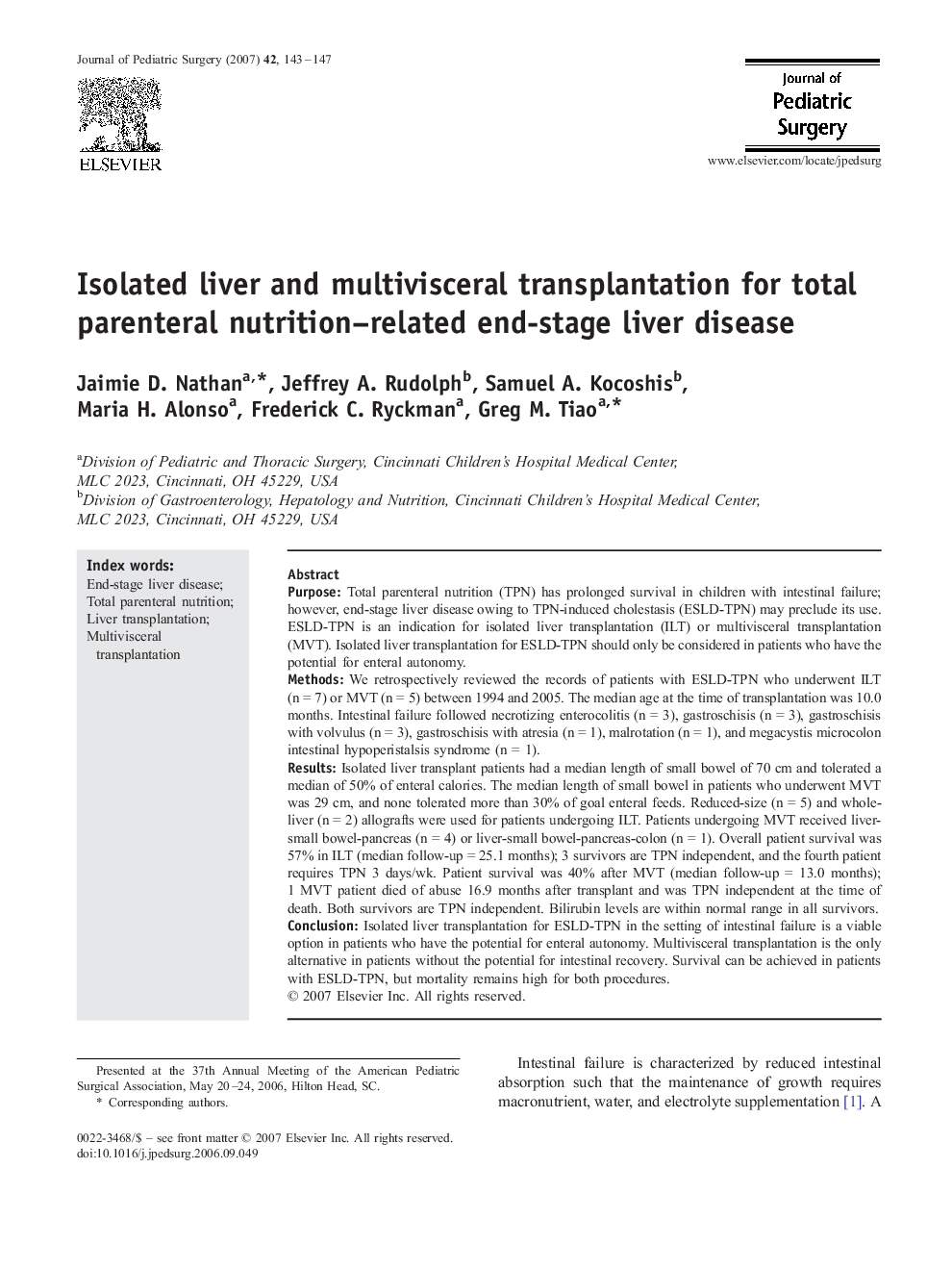 Isolated liver and multivisceral transplantation for total parenteral nutrition–related end-stage liver disease 