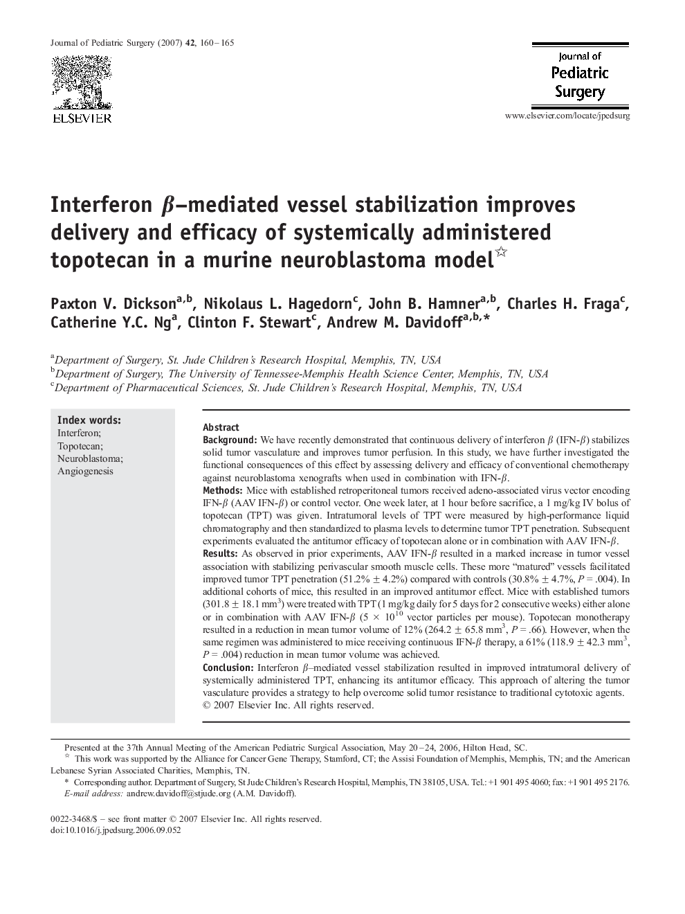 Interferon β–mediated vessel stabilization improves delivery and efficacy of systemically administered topotecan in a murine neuroblastoma model 