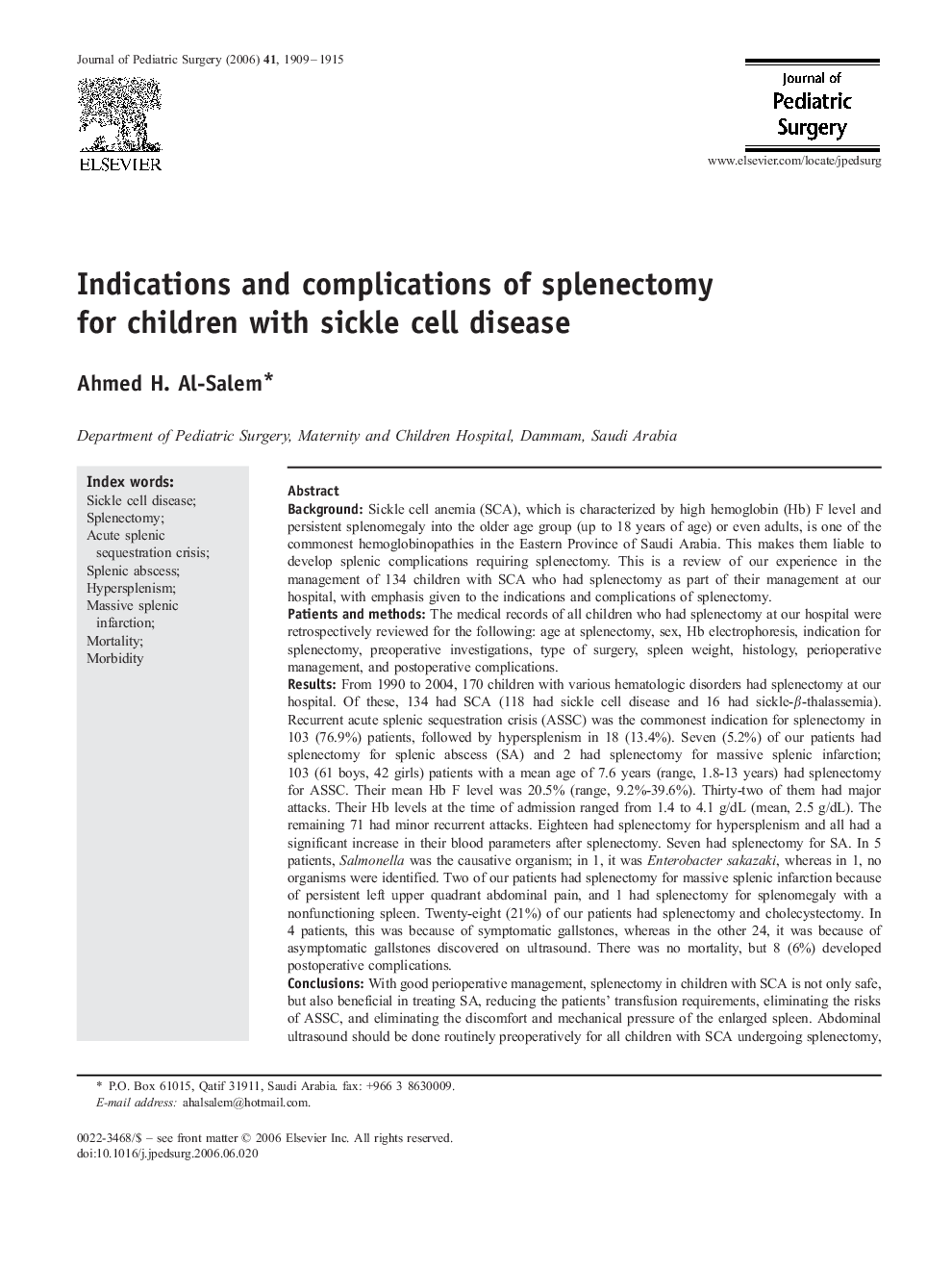 Indications and complications of splenectomy for children with sickle cell disease