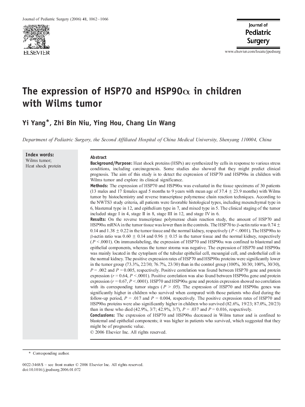 The expression of HSP70 and HSP90Î± in children with Wilms tumor