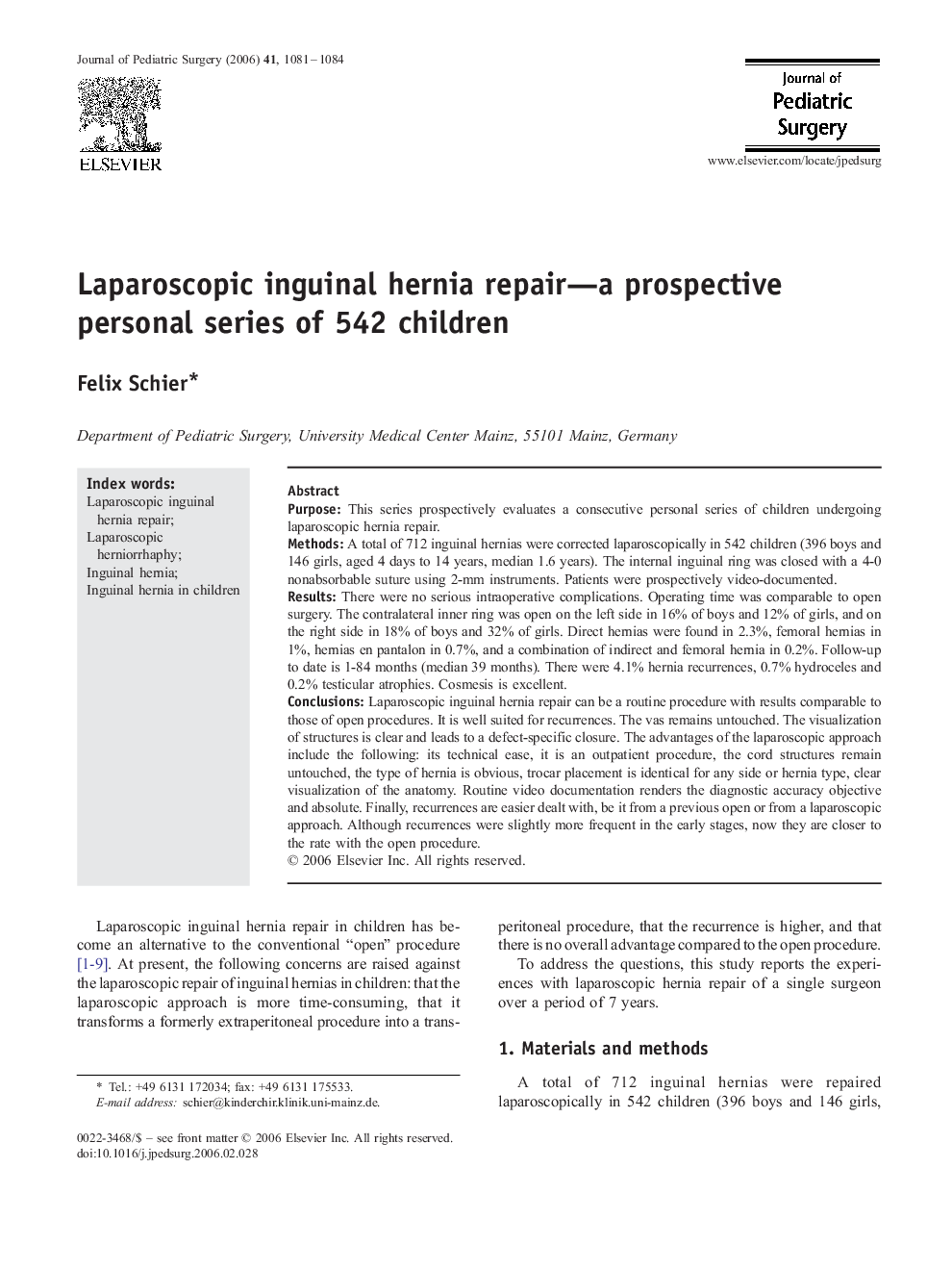 Laparoscopic inguinal hernia repair—a prospective personal series of 542 children