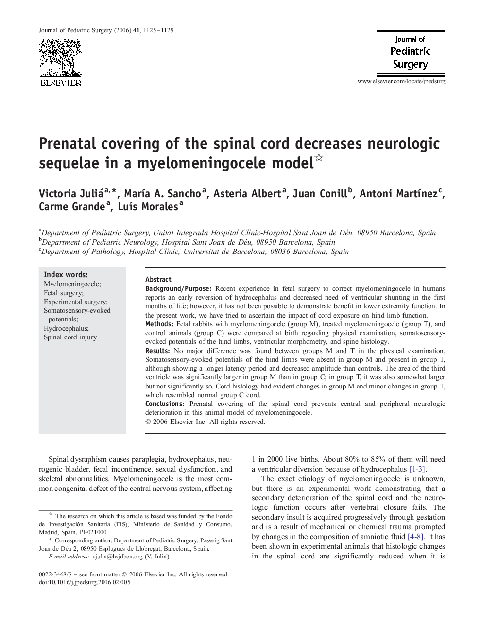 Prenatal covering of the spinal cord decreases neurologic sequelae in a myelomeningocele model 