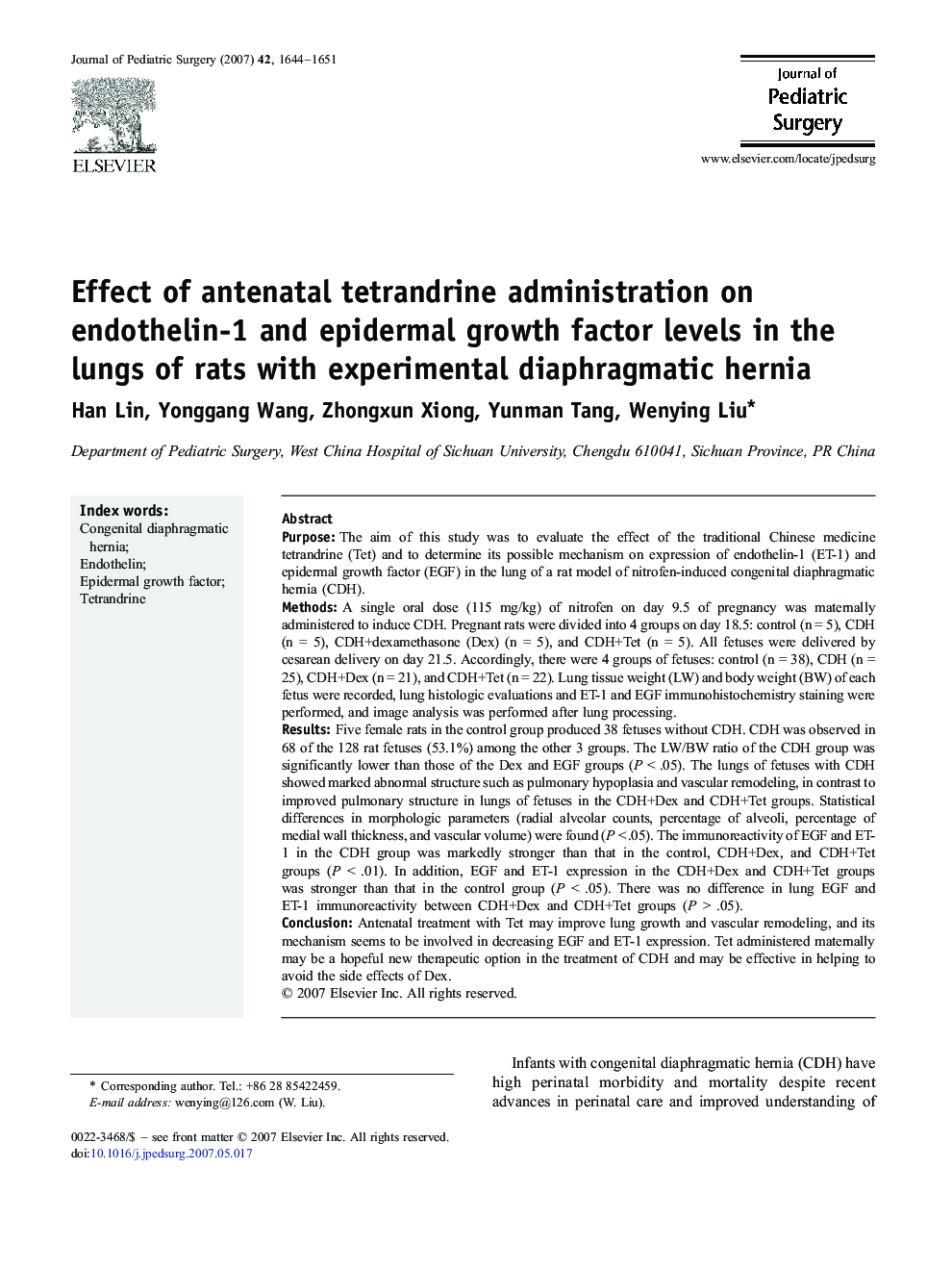 Effect of antenatal tetrandrine administration on endothelin-1 and epidermal growth factor levels in the lungs of rats with experimental diaphragmatic hernia