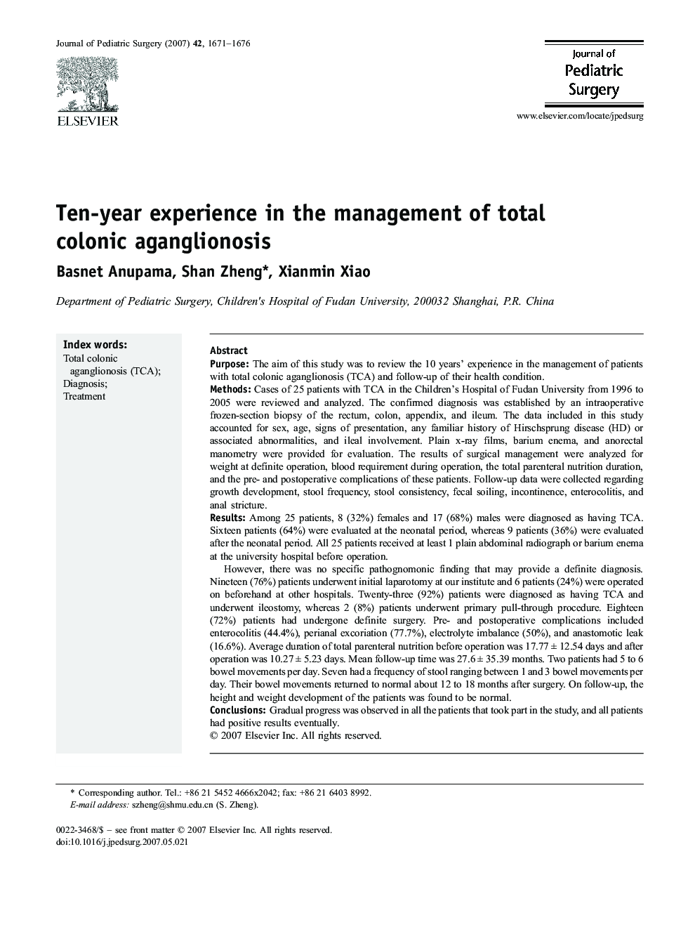 Ten-year experience in the management of total colonic aganglionosis
