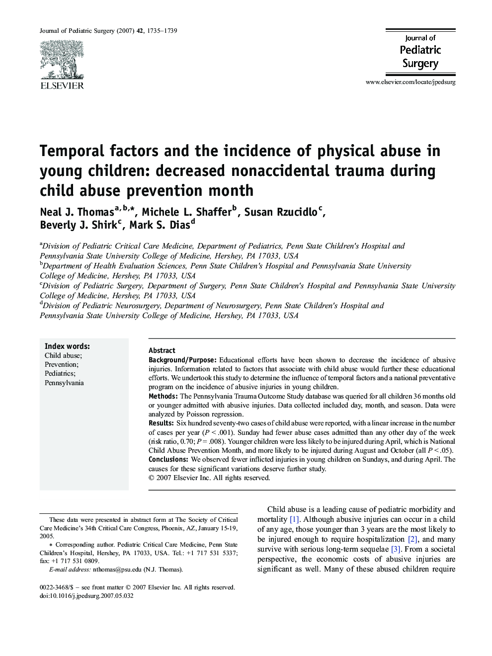 Temporal factors and the incidence of physical abuse in young children: decreased nonaccidental trauma during child abuse prevention month 