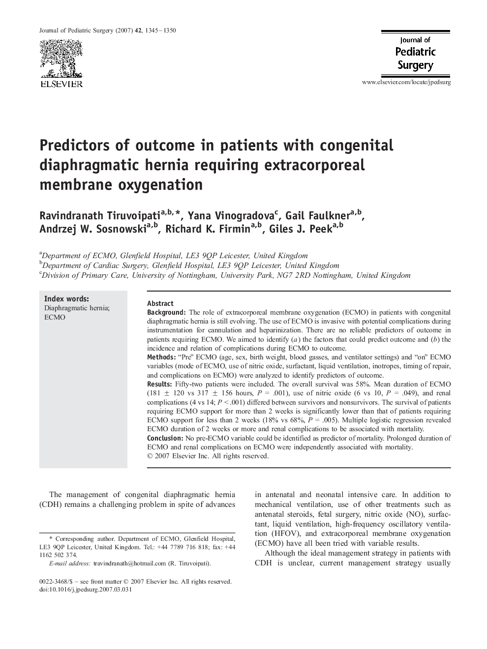 Predictors of outcome in patients with congenital diaphragmatic hernia requiring extracorporeal membrane oxygenation