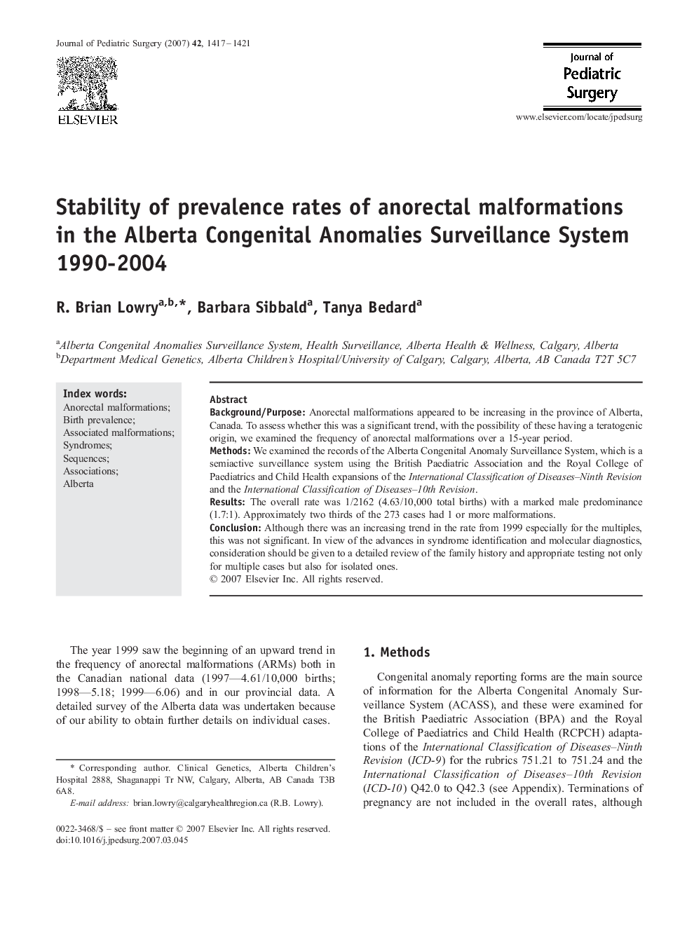 Stability of prevalence rates of anorectal malformations in the Alberta Congenital Anomalies Surveillance System 1990-2004