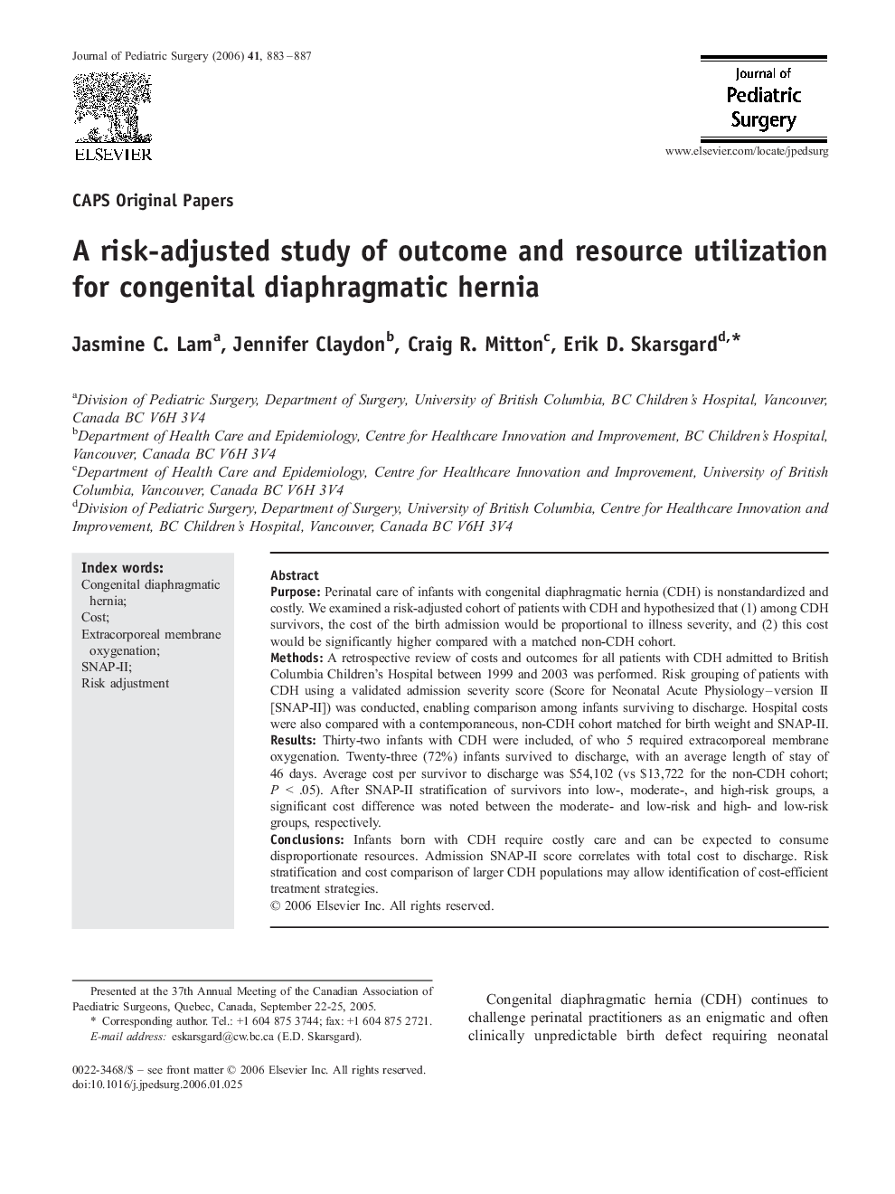 عکس صفحه اول مقاله: A risk-adjusted study of outcome and resource utilization for congenital diaphragmatic hernia A risk-adjusted study of outcome and resource utilization for congenital diaphragmatic hernia