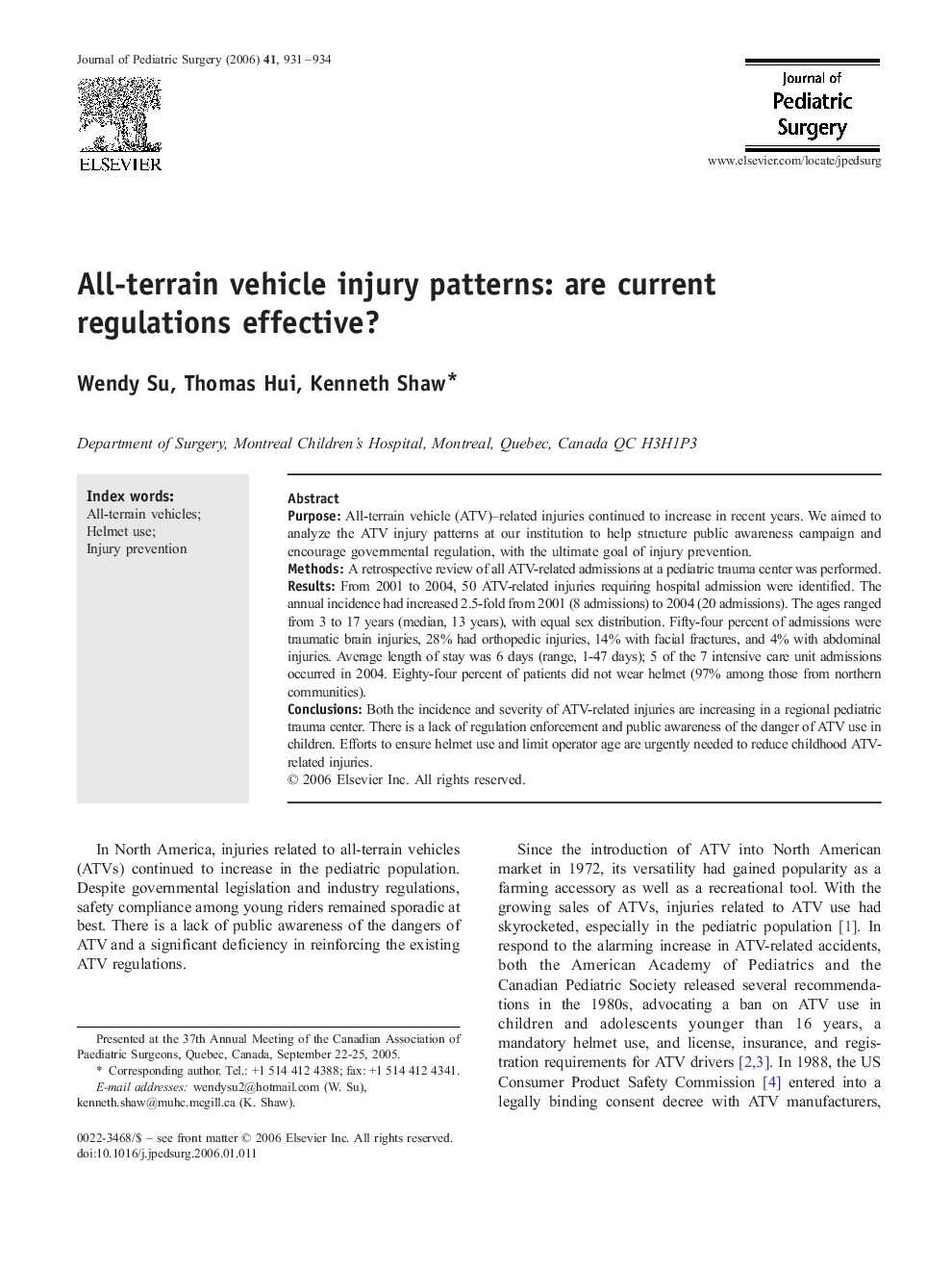 All-terrain vehicle injury patterns: are current regulations effective? 