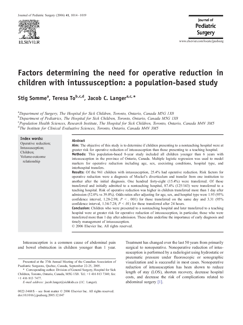 Factors determining the need for operative reduction in children with intussusception: a population-based study 