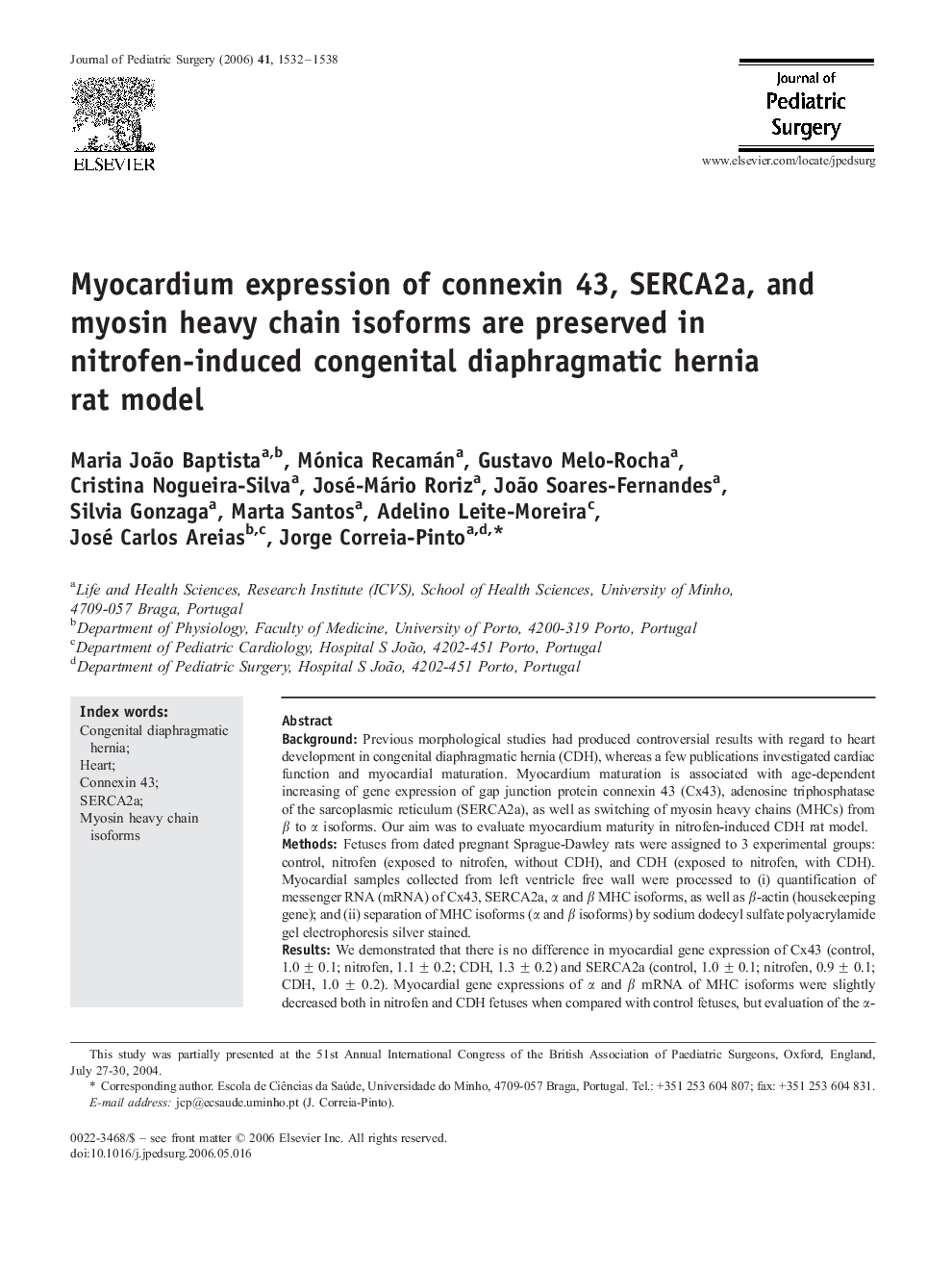 Myocardium expression of connexin 43, SERCA2a, and myosin heavy chain isoforms are preserved in nitrofen-induced congenital diaphragmatic hernia rat model 