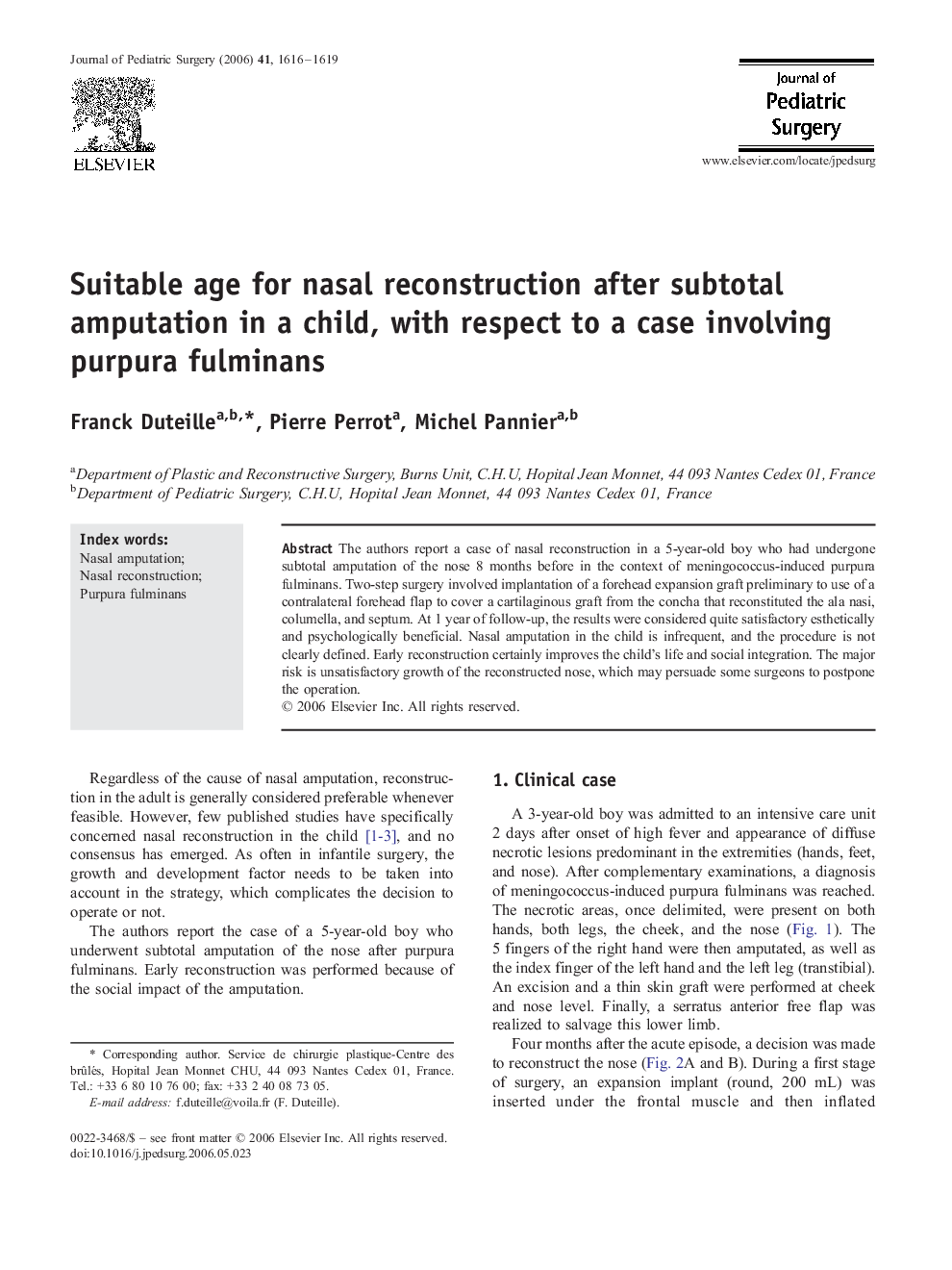 Suitable age for nasal reconstruction after subtotal amputation in a child, with respect to a case involving purpura fulminans