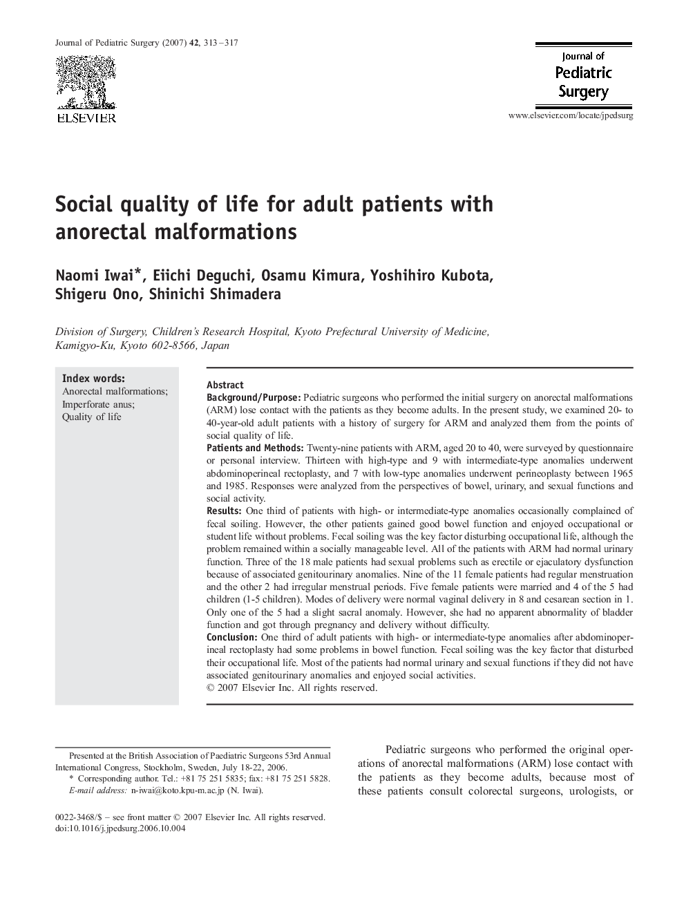 Social quality of life for adult patients with anorectal malformations 