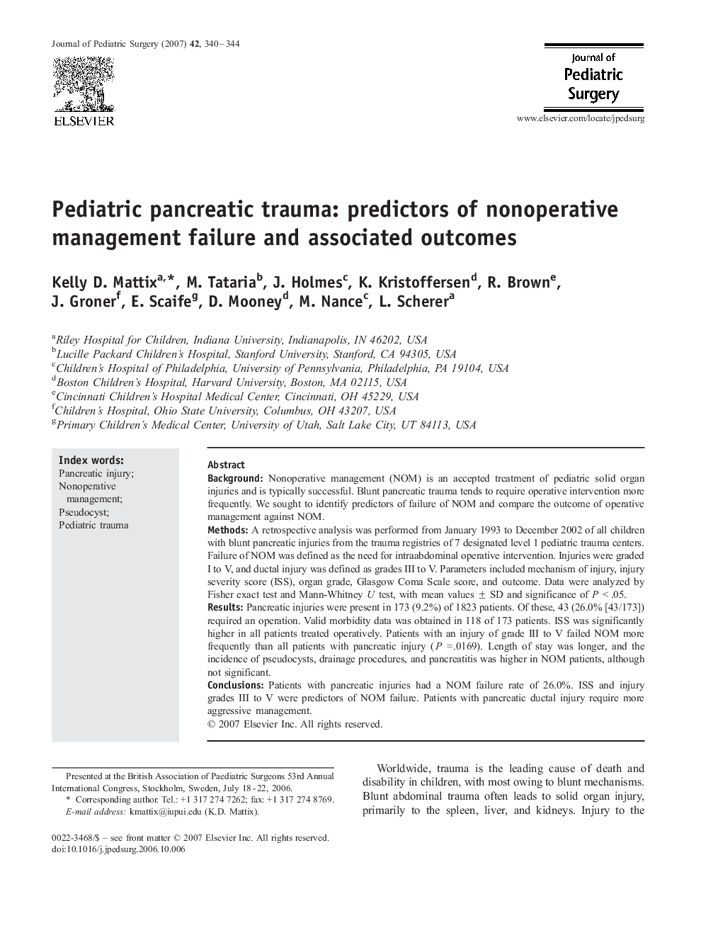 Pediatric pancreatic trauma: predictors of nonoperative management failure and associated outcomes 