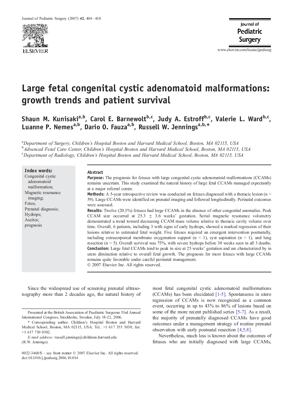 Large fetal congenital cystic adenomatoid malformations: growth trends and patient survival 