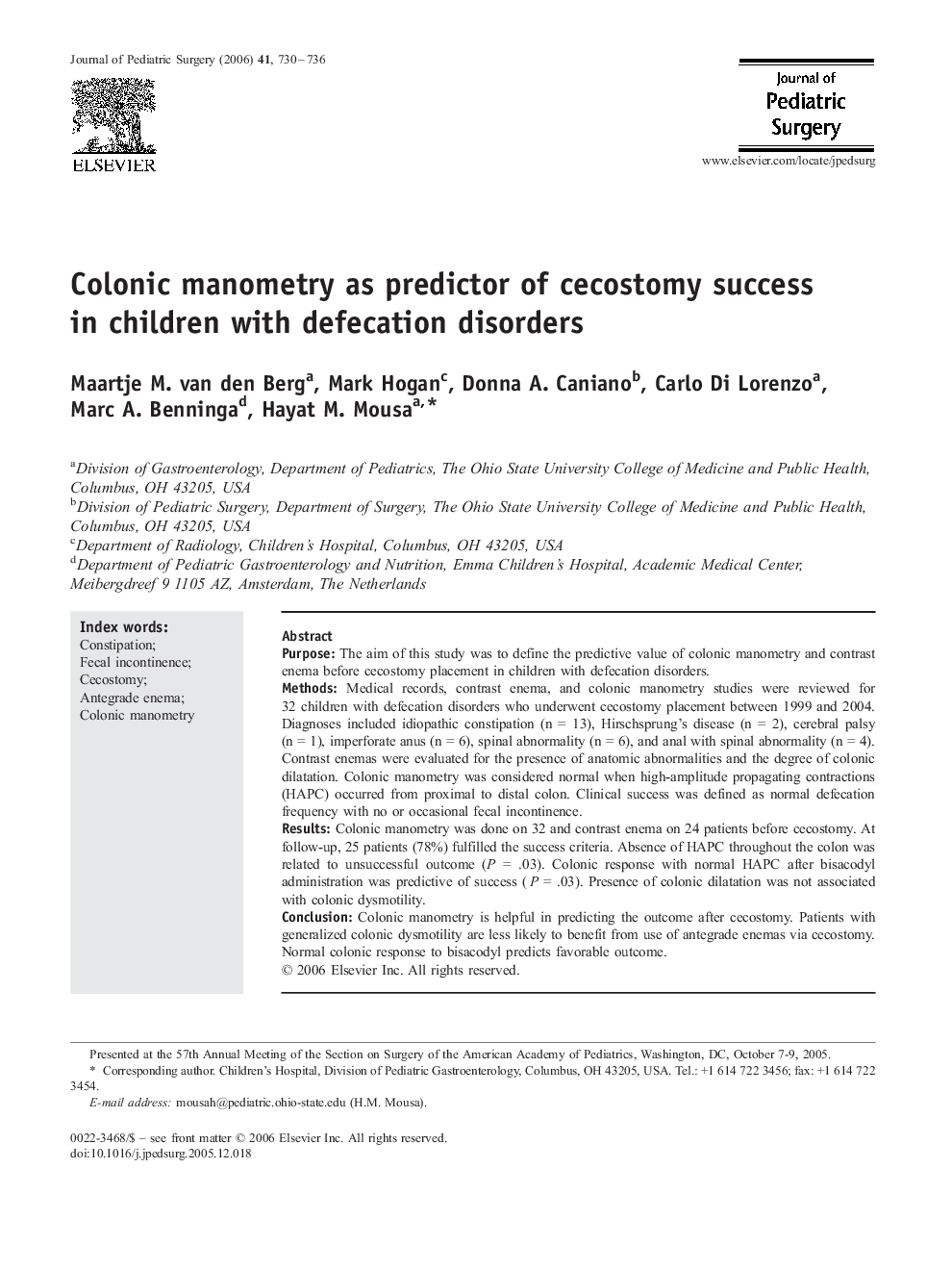 Colonic manometry as predictor of cecostomy success in children with defecation disorders 