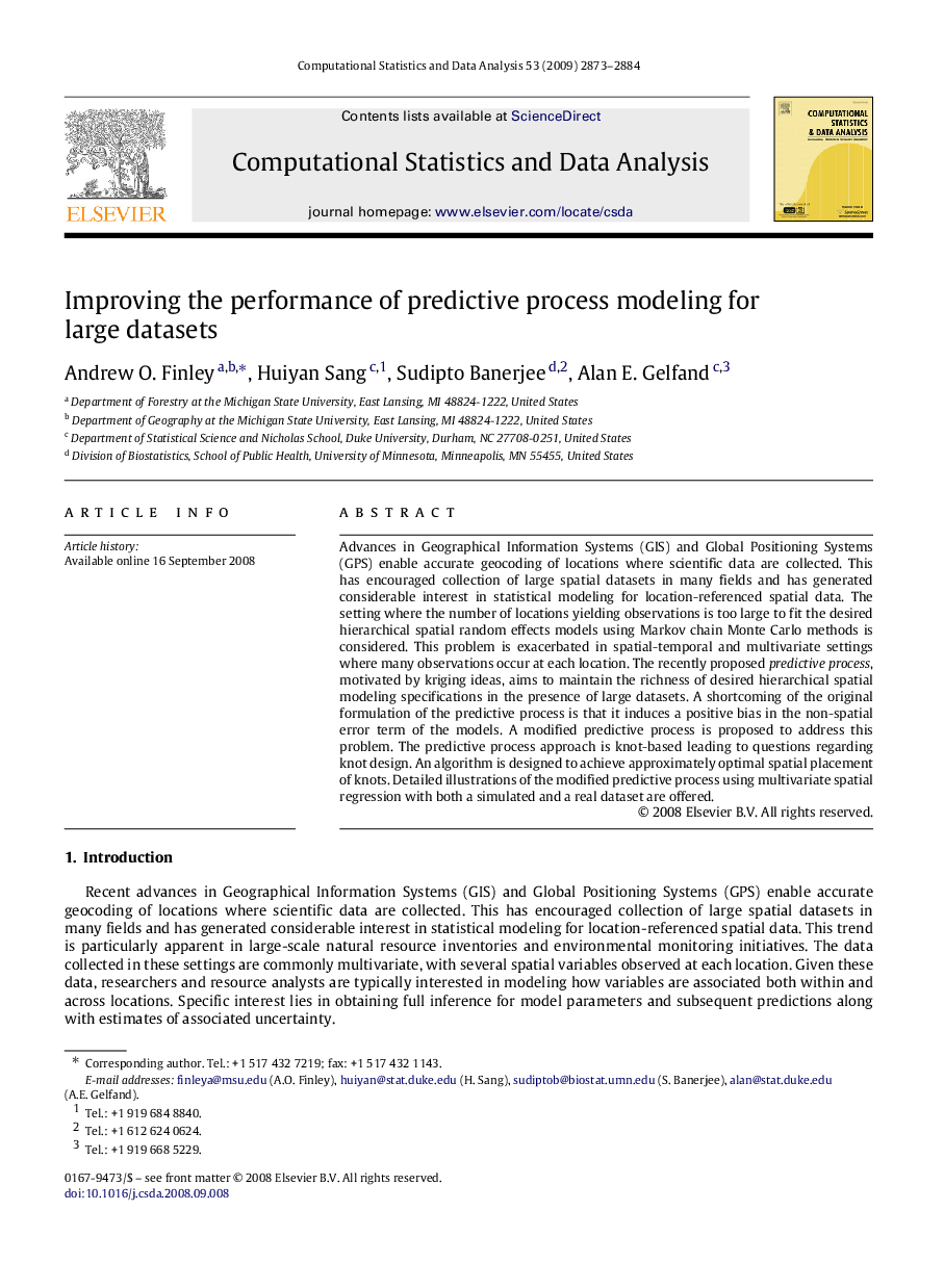 عکس صفحه اول مقاله: Improving the performance of predictive process modeling for large datasets Improving the performance of predictive process modeling for large datasets