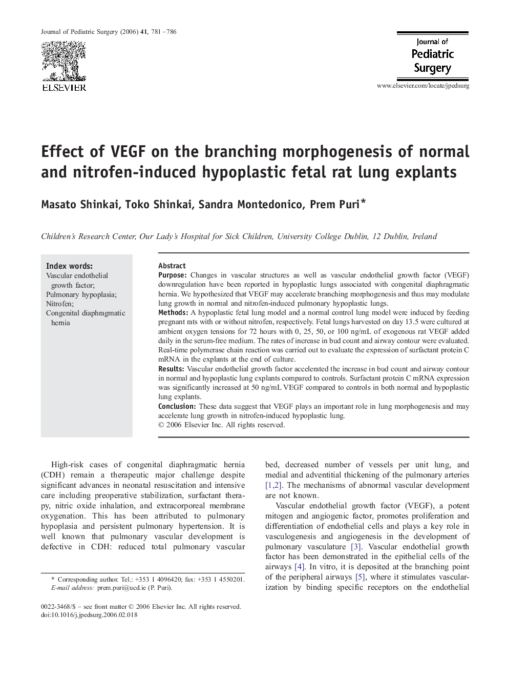 Effect of VEGF on the branching morphogenesis of normal and nitrofen-induced hypoplastic fetal rat lung explants