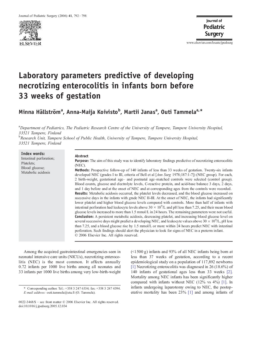Laboratory parameters predictive of developing necrotizing enterocolitis in infants born before 33 weeks of gestation