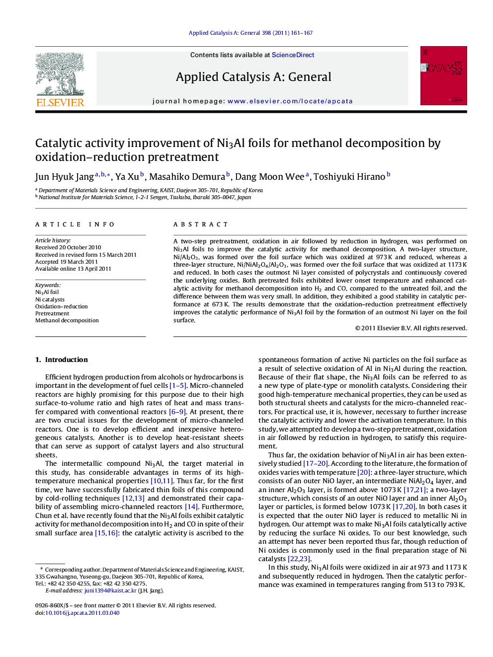 Catalytic activity improvement of Ni3Al foils for methanol decomposition by oxidation–reduction pretreatment