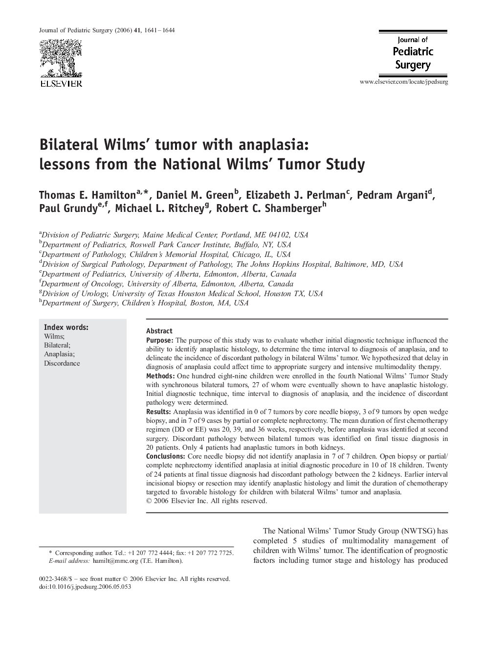 Bilateral Wilms' tumor with anaplasia: lessons from the National Wilms' Tumor Study