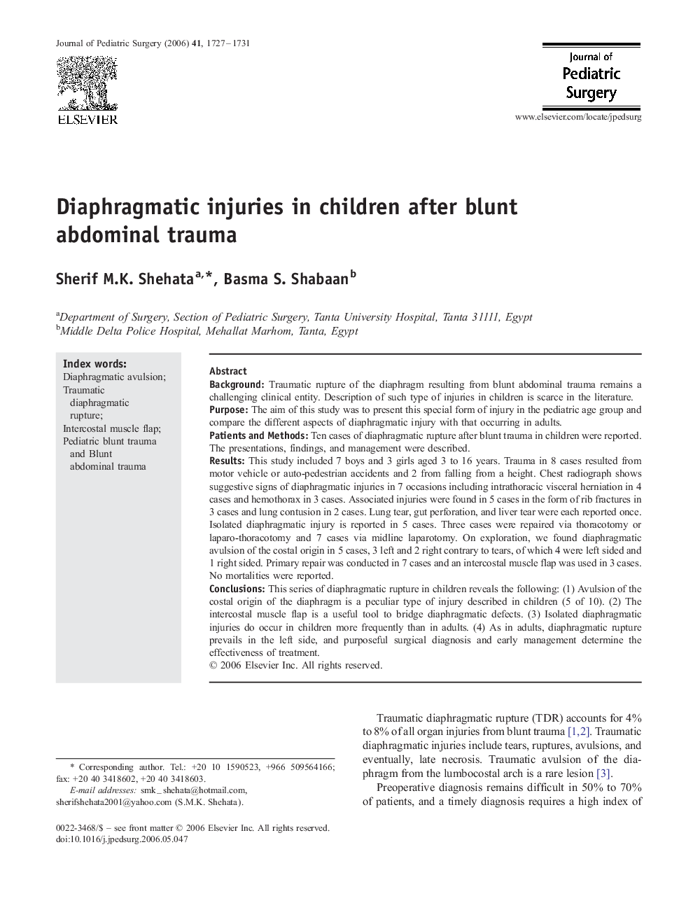 Diaphragmatic injuries in children after blunt abdominal trauma