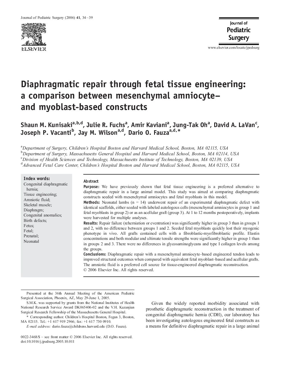 Diaphragmatic repair through fetal tissue engineering: a comparison between mesenchymal amniocyte– and myoblast-based constructs 