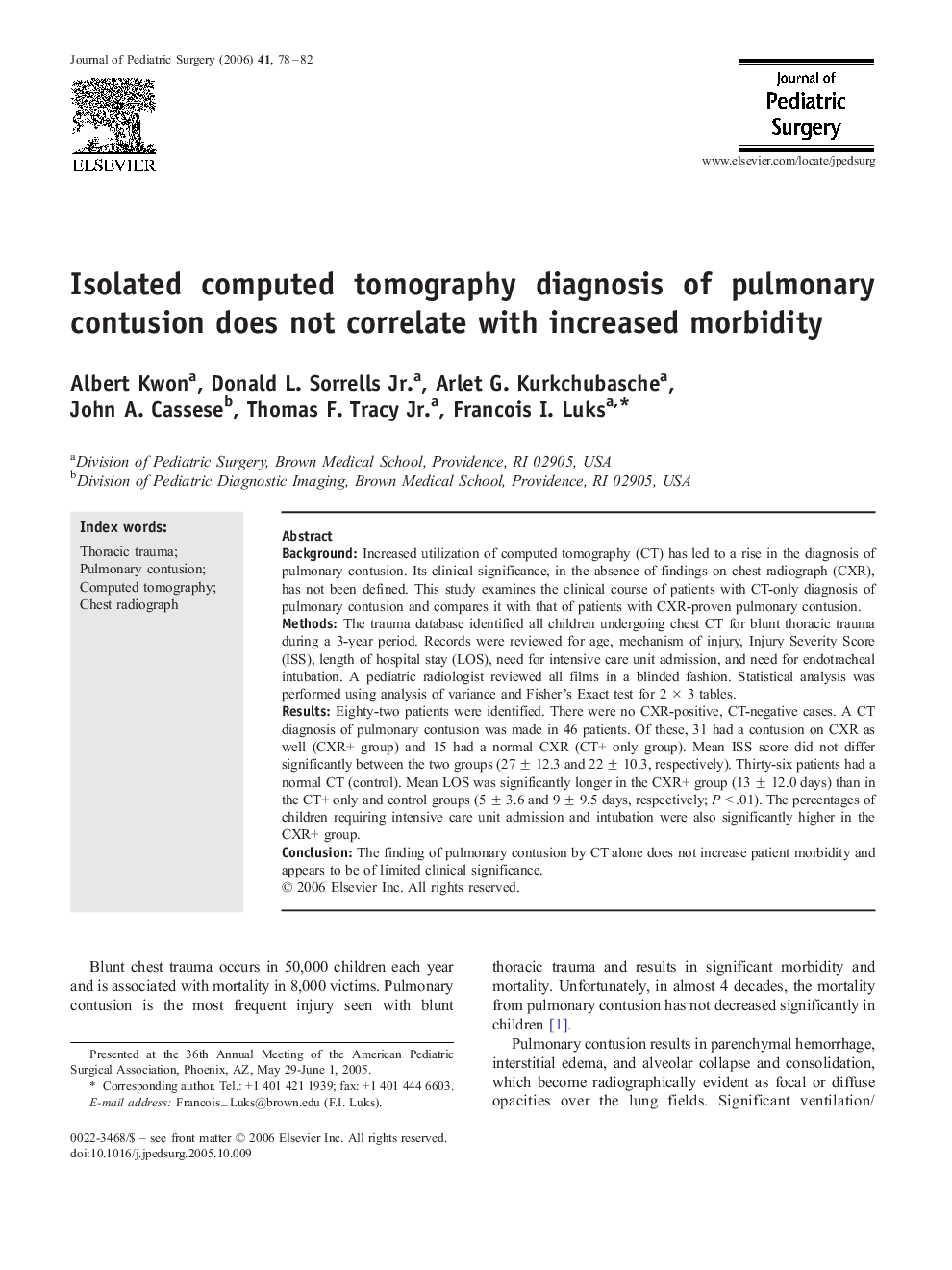 Isolated computed tomography diagnosis of pulmonary contusion does not correlate with increased morbidity 